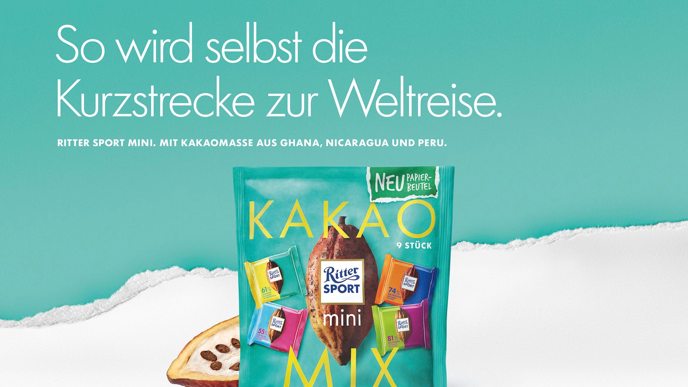 Plakatmotiv "Kakao Mix" aus der Frühjahrskampagne 2021 zu den "Mini Papierbeuteln" von Ritter Sport