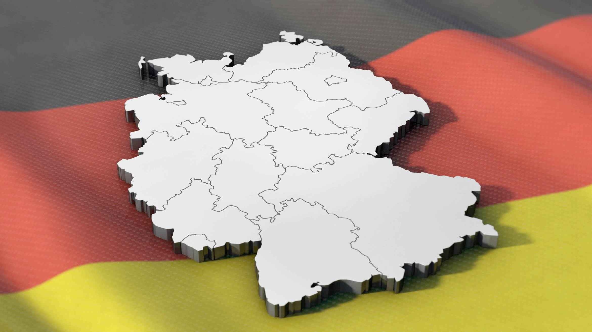 Deutschland 3D Symbolbild: Deutschlandkarte 3D mit den 16 Bundesländern. *** Germany 3D symbol picture Germany map 3D with the 16 federal states