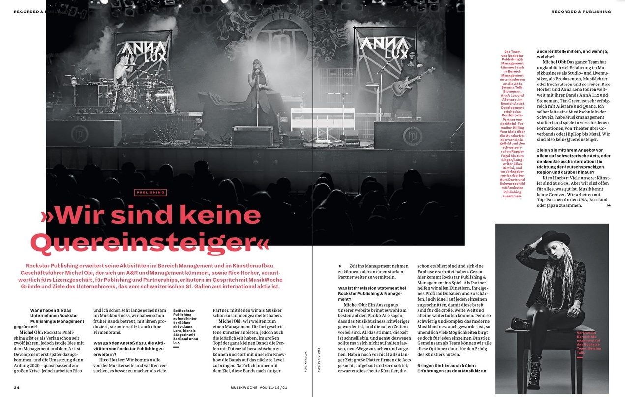 Bei Rockstar Publishing & Management auf und hinter der Bühne aktiv: Anna Lena, links oben mit ihrer Band AnnA Lux