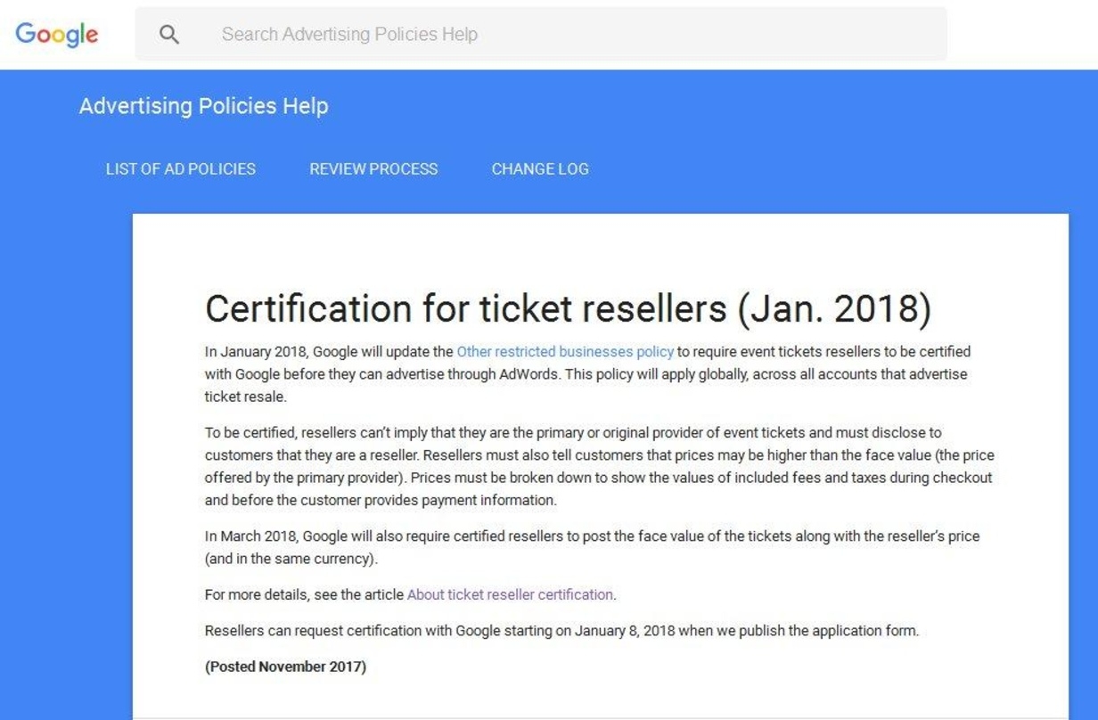 Erläutert die neuen Bestimmungen: das Google-Regelwerk zu Zertifikaten für Ticketwiederverkäufer