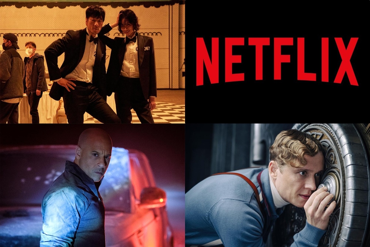 Erfolge auf Netflix: "Squid Game" (l.o.), "Bloodshot" (l.u.) und "Army of Thieves" (r.u.)