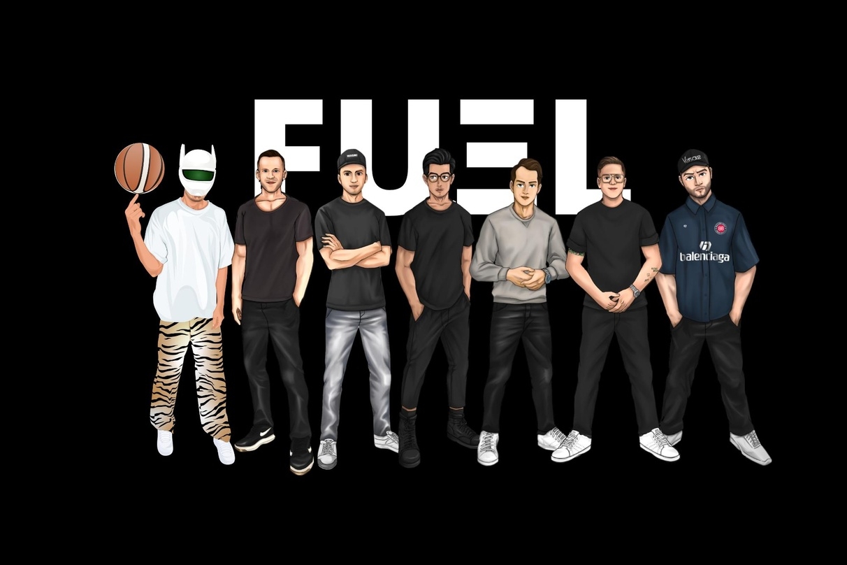 Bei Fuel mit an Bord (von links): Rapper Cro, Stefan Tietze (Co-Founder Fuel), Csongor Barabasi (Co-Founder Fuel), Thanh Binh Tran (Co-Founder Fuel), Patrice Deckert (Co-Founder Fuel), Lucas Teuchner (CEO Two Sides) und Bausa (CEO Two Sides)