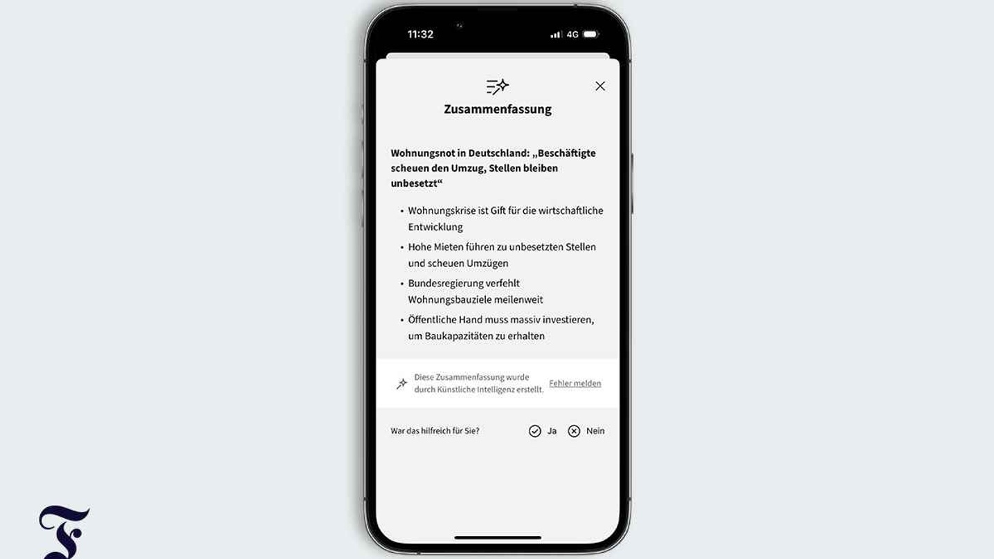 "Frankfurter Allgemeine Zeitung" fasst Artikel auf Nachrichten-App mit KI-Hilfe zusammen 