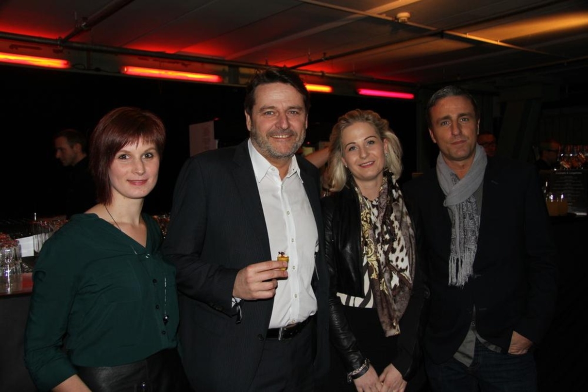 Rackjobber-Treff beim Sony-Event "guck!2015" (v.l.): : Katharina Brandl, Pierre Pfeiffer, Stefanie Schäbel (alle drei alpha) und Gregory Cocco (Welt Records)