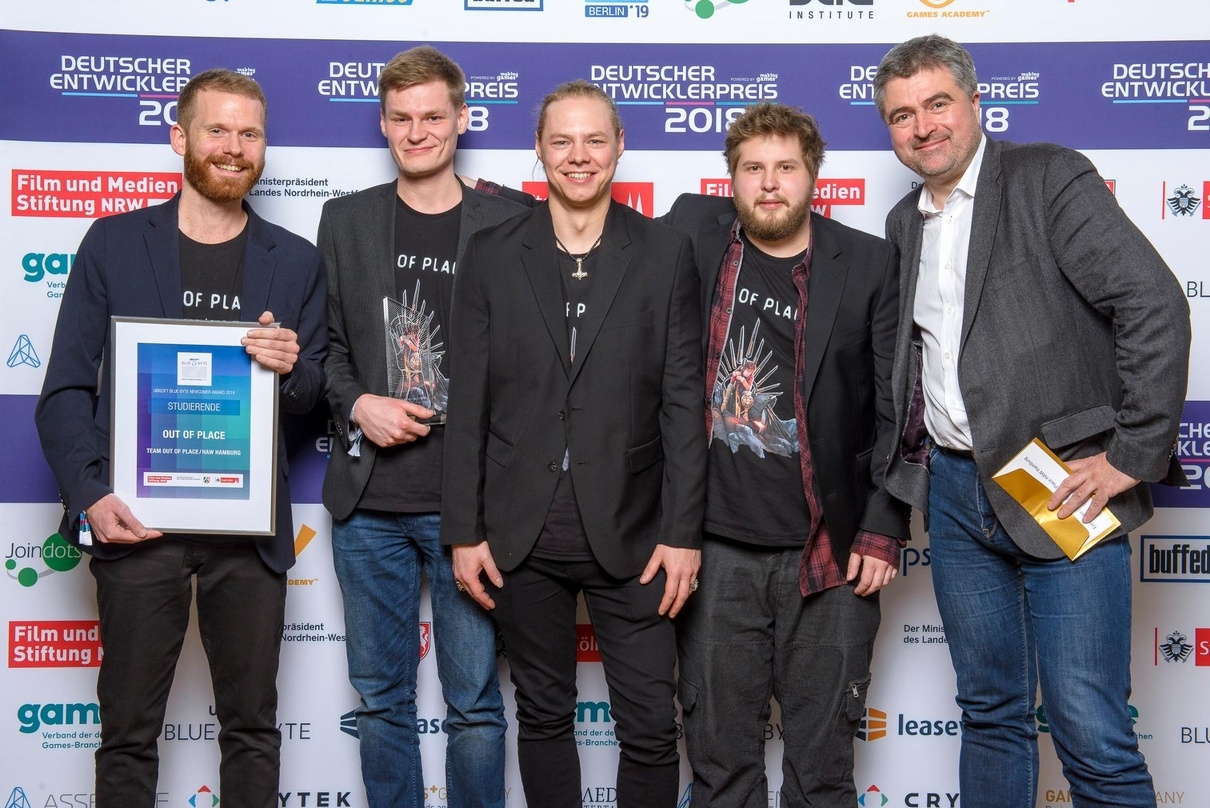 Benedikt Grindel mit den Gewinnern des Ubisoft Newcomer Awards 2018 in der Kategorie "Studierende".