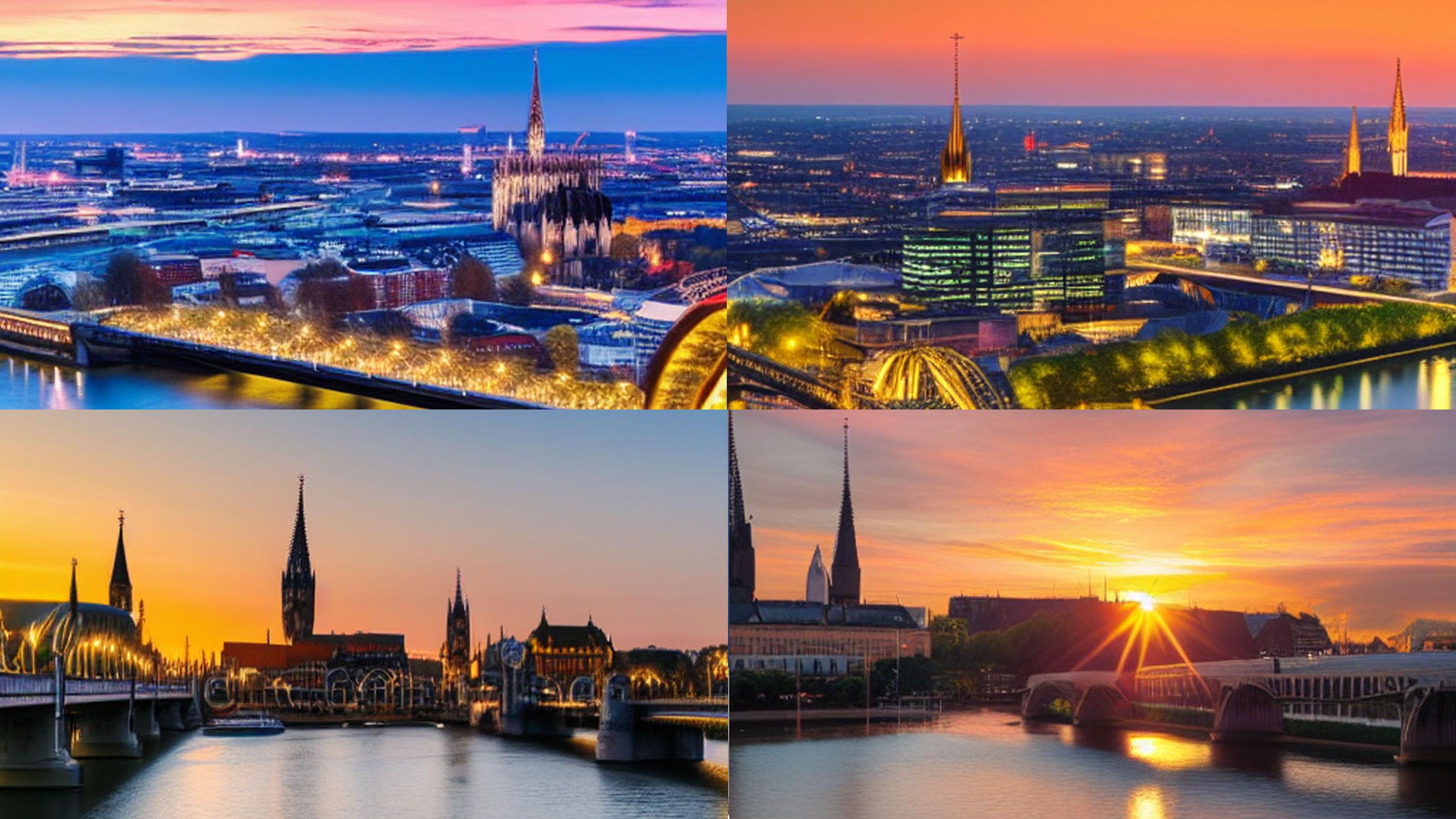 Köln im Sonnenuntergang, gestaltet von einer KI. Stimmungsvoll und wiedererkennbar, aber man sollte keine Detailtreue erwarten -