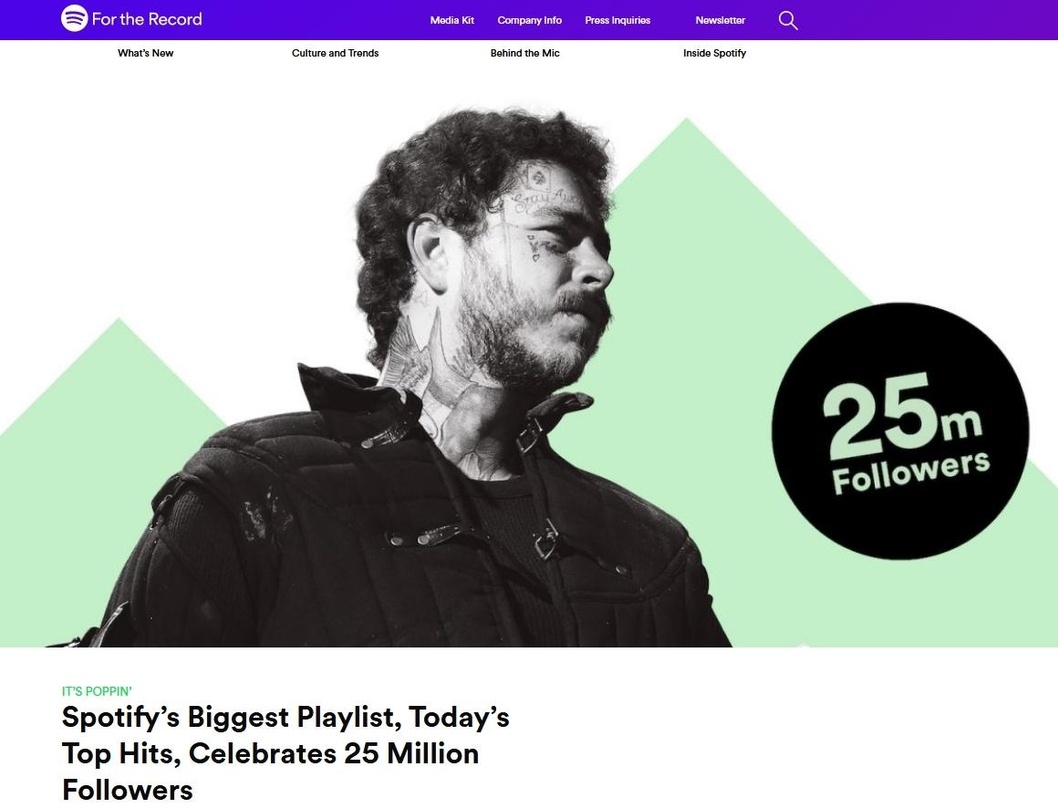 Prägt laut Spotify den musikalischen "Zeitgeist": die Playlist-Marke "Today's Top Hits", hier mit Post Malone als Cover Act und eingebautem 25-Millionen-Sticker