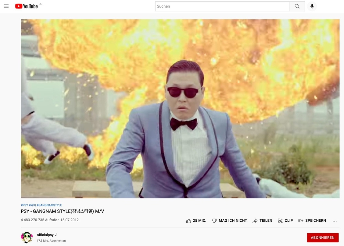 Begründete den "YouTube Billion Views Club": Gangnam Style von Psy 