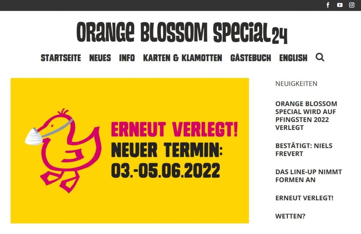 "Die Ente ist nah": angesichts der Unsicherheiten im Kulturbetrieb ziehen die Veranstalter des Orange Blossom Specials für 2021 den Stecker, und peilen nun für Pfingsten 2022 einen neuen Anlauf an