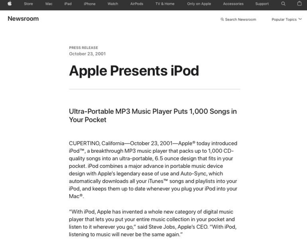 Quasi die Geburtsanzeige des iPod: Ende Oktober 2001 kündigte Apple die Einführung einer neuen Gerätefamilie an