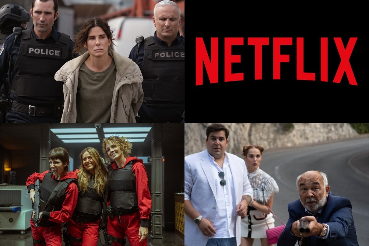 Erfolge auf Netflix: "The Unforgivable" (l.o.), "Haus des Geldes" (l.u.) und "Meine schrecklich verwöhnte Familie" (r.u.)