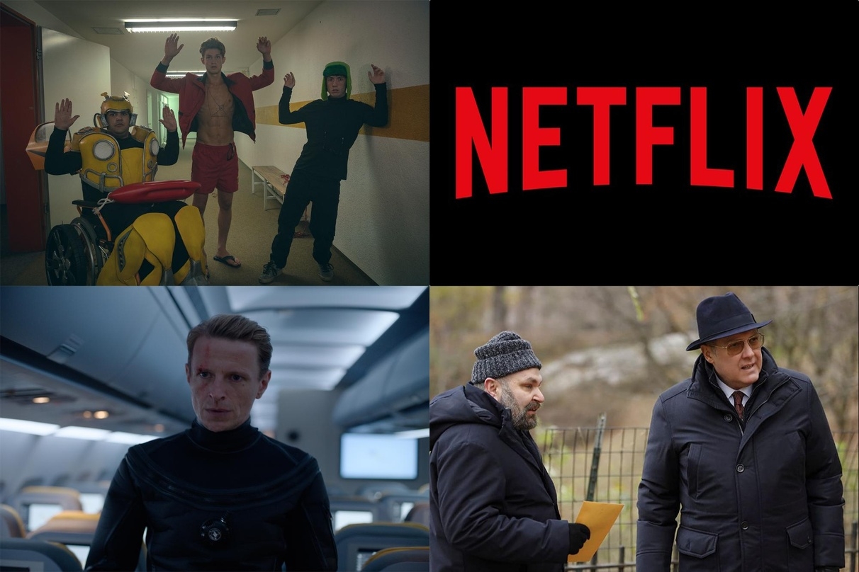 Erfolge auf Netflix: "How to Sell Drugs Online Fast" (l.o.), "Blood Red Sky" (l.u.) und die NBC-Serie "The Blacklist" (r.u.) 