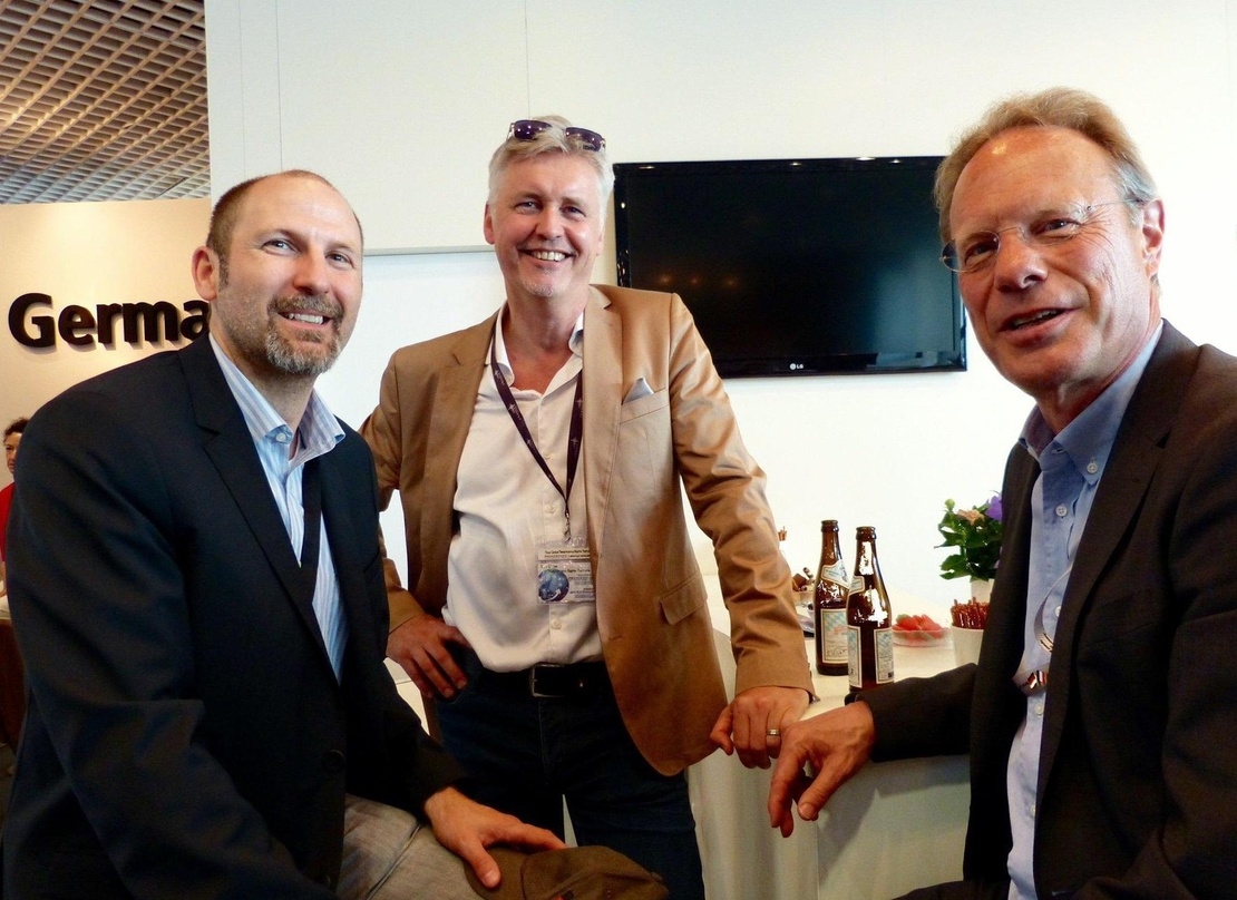 Lernten das Sommerwetter in Cannes bereits auf der Midem 2015 kennen (von links): Michael Duderstädt (GEMA), Guido Evers (GVL) und Heinz Stroh (DMV)
