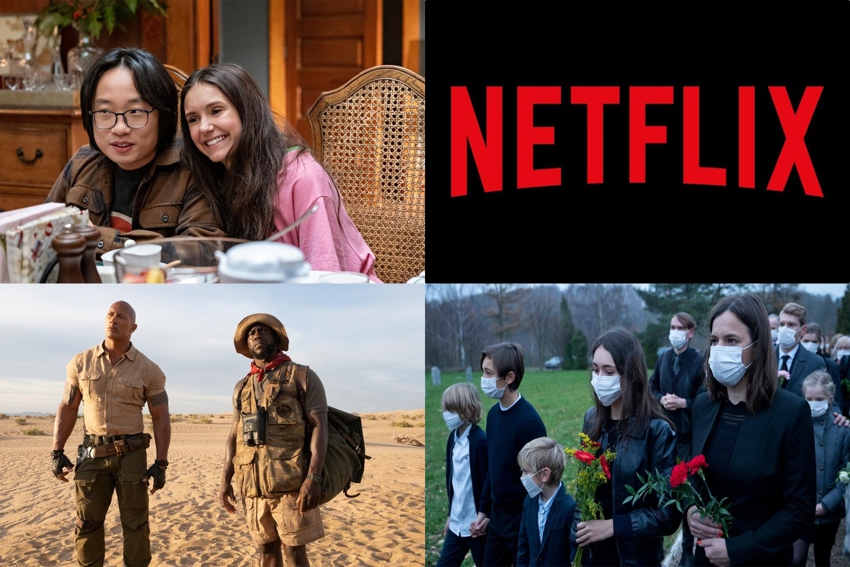 Erfolge auf Netflix: "Love Hard" (l.o.), "Jumanji: The Next Level" (l.u.) und "Sloborn" (r.u.)