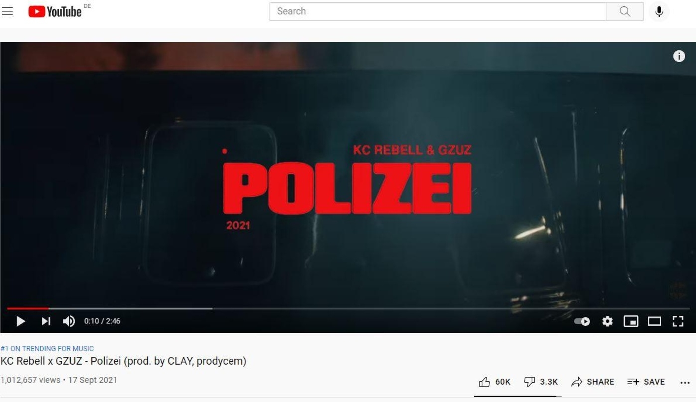 Mit ihrem Video zum Track "Polizei" landeten KC Rebell und Gzuz am Wochenende auf Platz eins der deutschen YouTube-Musik-Trendcharts