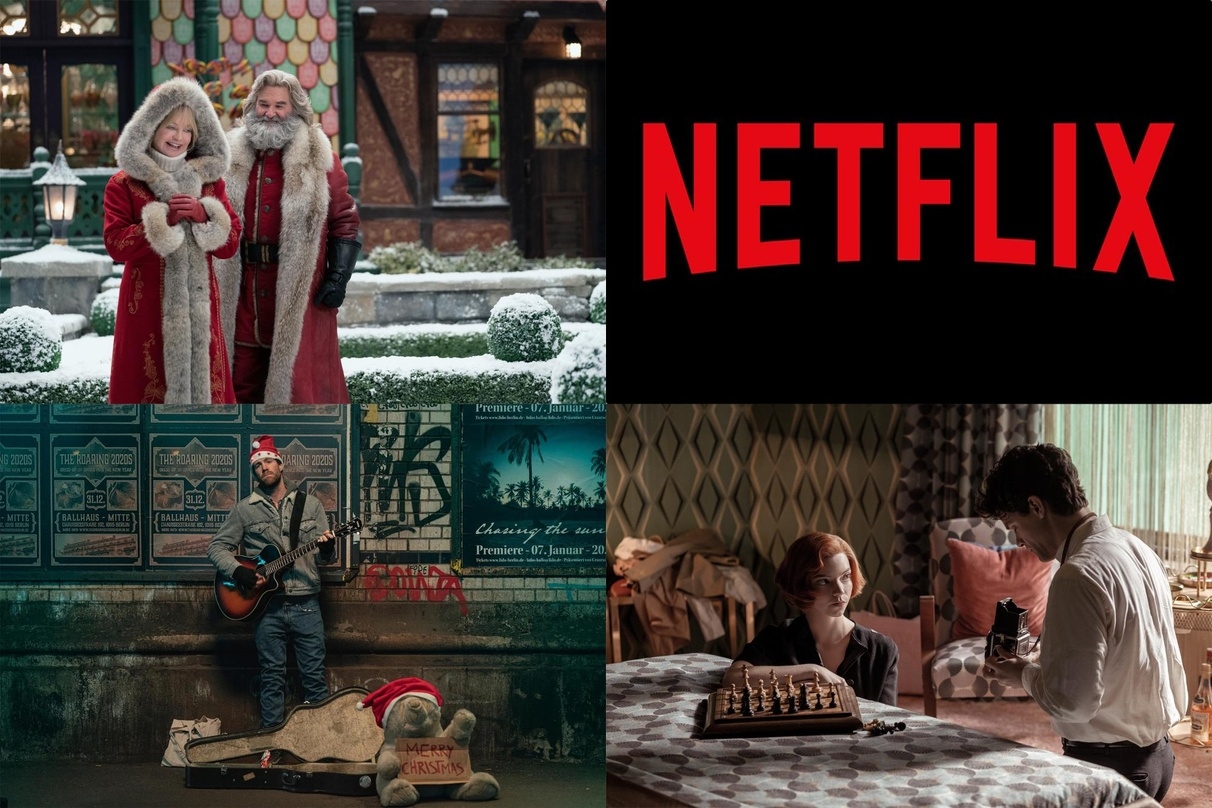 Netflix-Erfolge: "The Christmas Chronicles 2" (l.o.), "ÜberWeihnachten" (l.u.) und "Das Damengambit" (r.u.)