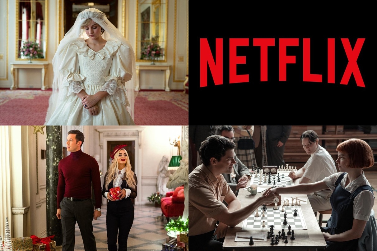 Netflix-Erfolge: "The Queen" (l.o.), "Prinzessinnentausch: Wieder vertauscht" (l.u.) und "Das Damengambit" (r.u.)