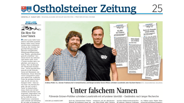 So berichten die "Kieler Nachrichten" über die Fake-Leserbriefe zweier Lokalpolitiker