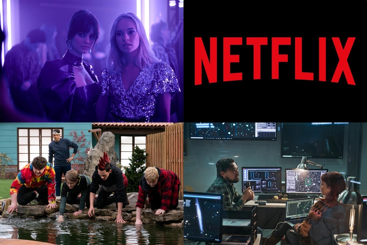 Netflix-Formate 2022: "Kitz" (l.o.), "Cobra Kai" (l.u.) und "Don't Look Up" (r.u.)