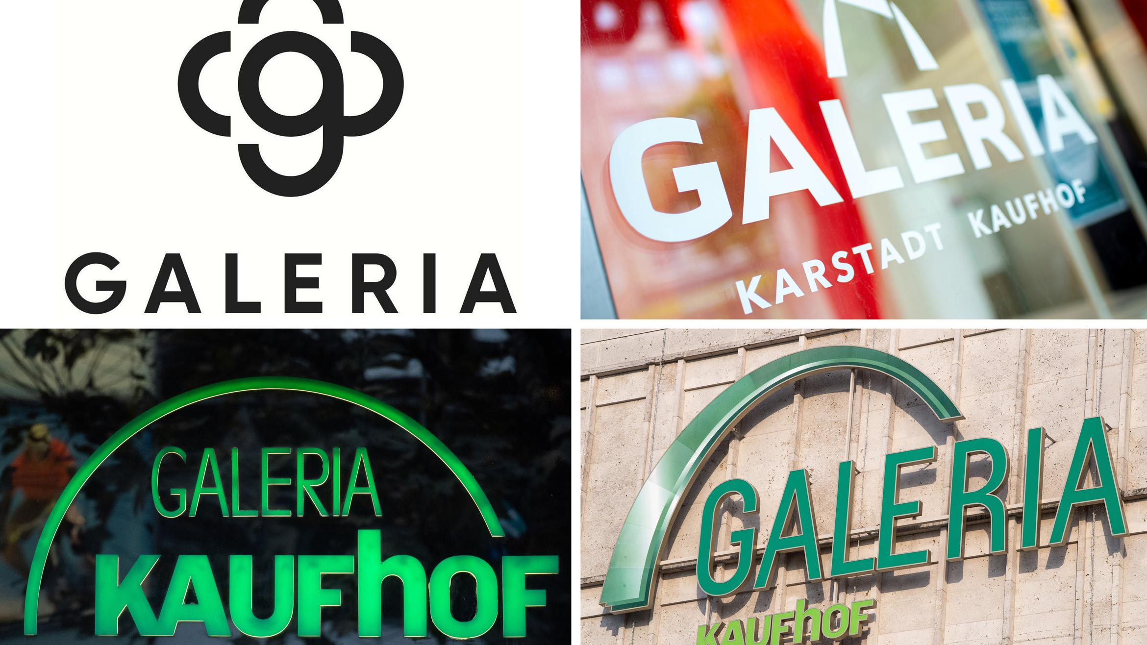 Das aktuelle Galeria-Logo (oben links) und die Umsetzung an den Warenhäusern –