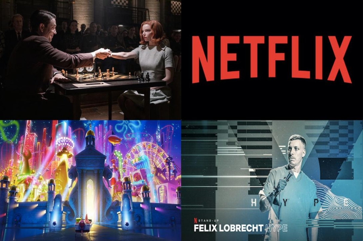 Erfolge auf Netflix: "Das Damengambit" (l.o.), "Spongebob Schwammkopf" (l.u.) und "Felix Lobrecht: Hype" (r.u.)