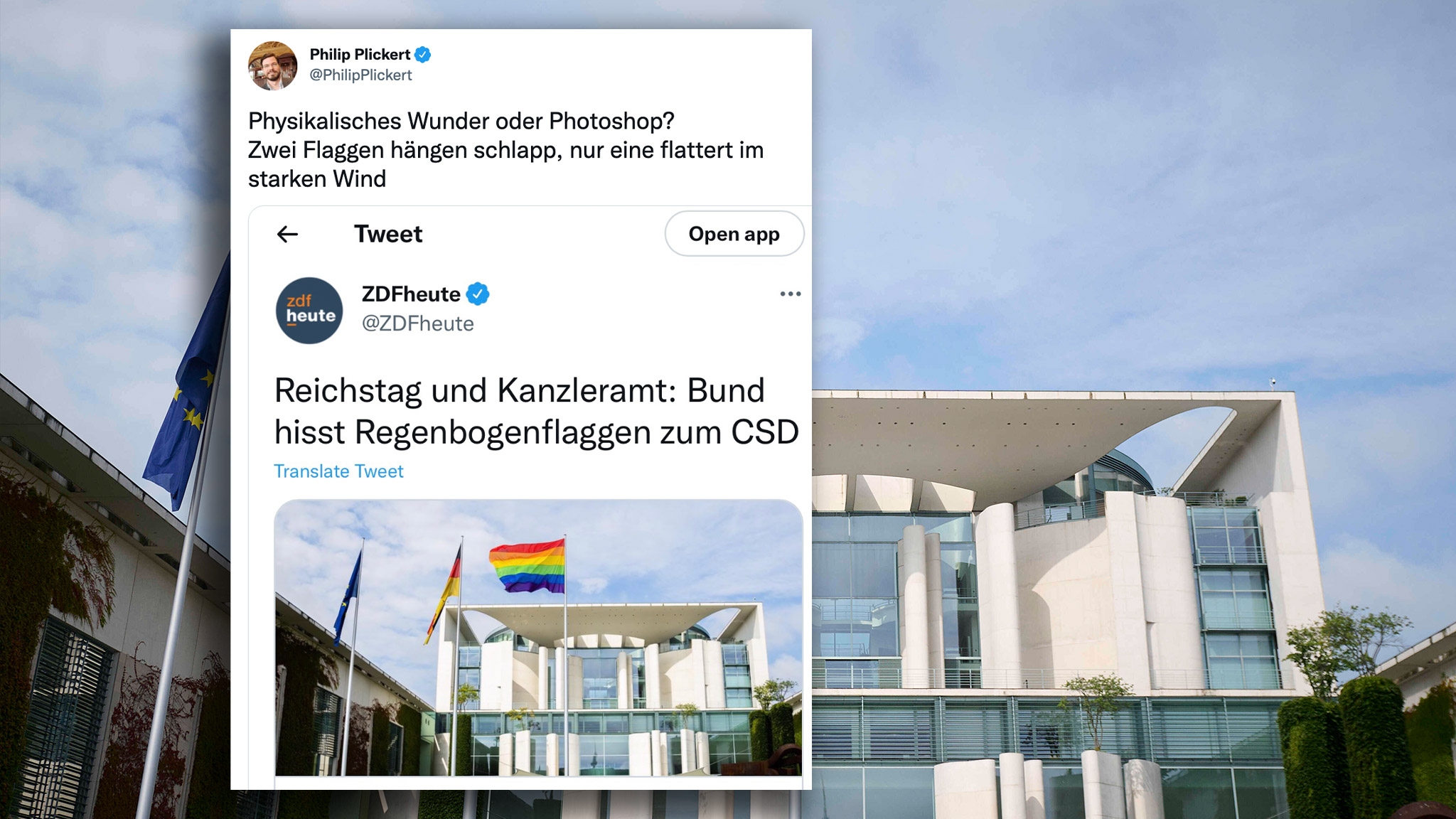 Die Regenbogenflagge weht vor dem Kanzleramt – "FAZ"-Redakteur Philip Plickert wirft dem ZDF offen Manipulation vor. Die DPA, Quelle für das Bild, zeigt sich auf MEEDIA-Nachfrage verwundert und hat einen Ratschlag für Plickert parat –