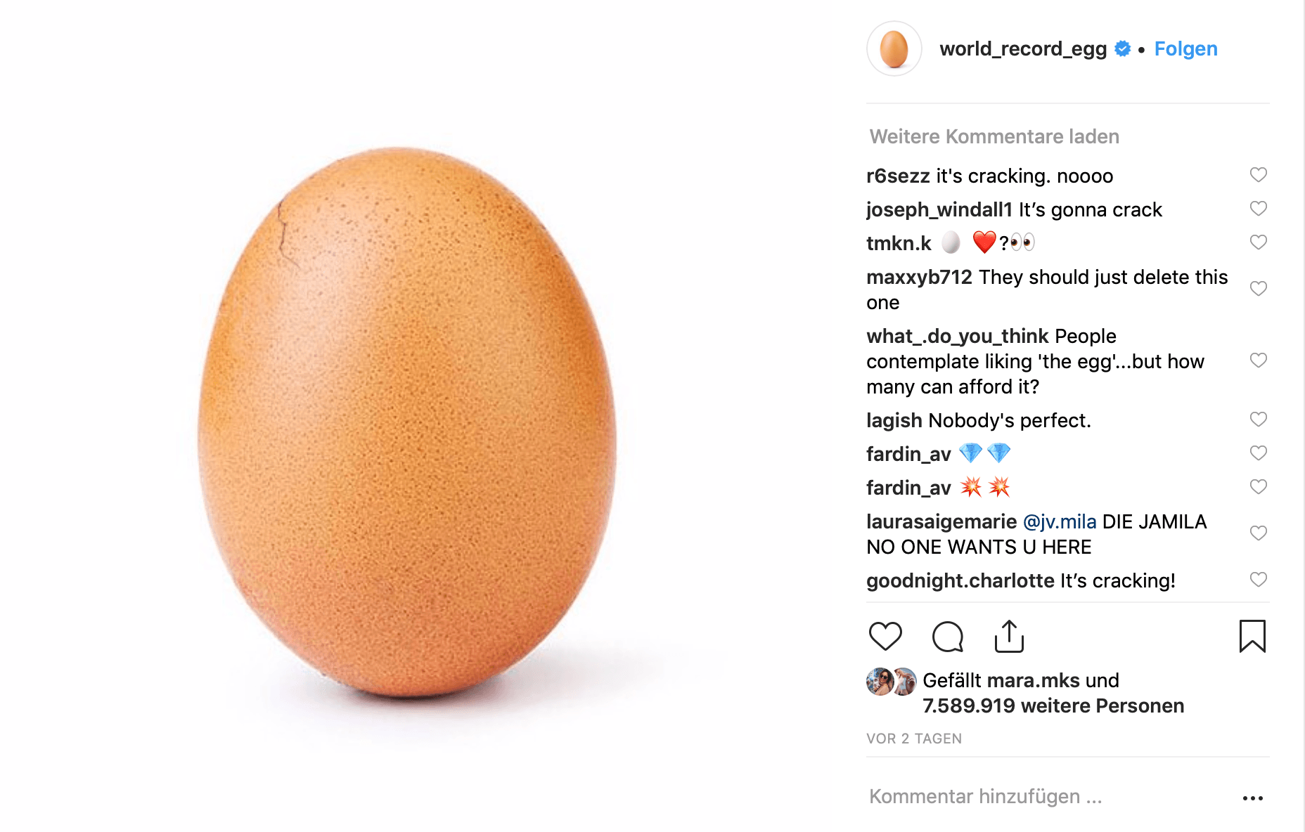 Das Instagram-Ei: Erste Risse erkennbar 