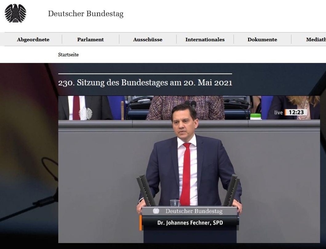 Sieht in dem Gesetz "ein modernes Urheberbrecht": der SPD-Politiker Johannes Fechner bei der online live übertragenen Aussprache im Deutschen Bundestag