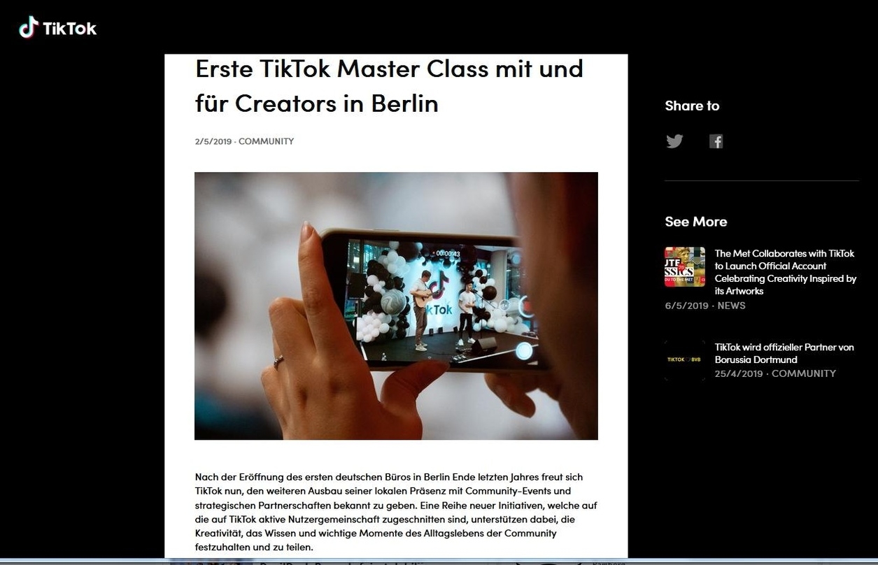 Mit Vermarktungsteam und Büro auch in Deutschland präsent: die TikTok-Betreiber luden Ende April in Berlin zu einer Master Class
