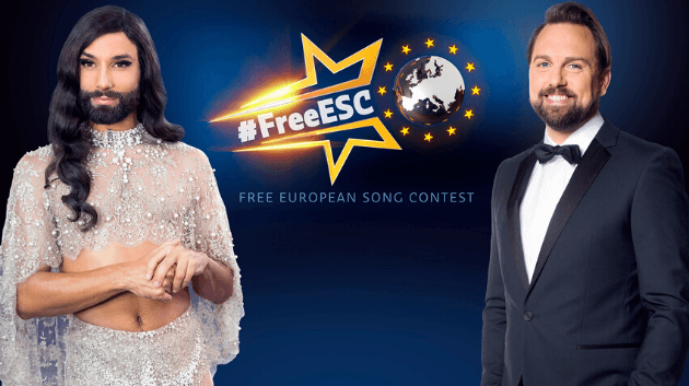 Conchita Wurst (l.) und Steven Gätjen moderieren den "Free European Song Contest"