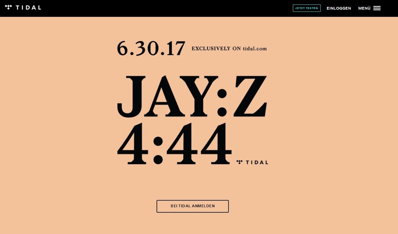 Inhaber bewirbt exklusive Inhalte: der Rapper und Geschäftsmann Jay Z will sein neues Album "4:44" ab Ende Juni zunächst exklusiv über den einst von ihm selbst aufgekauften Streamingdienst Tidal verfügbar machen