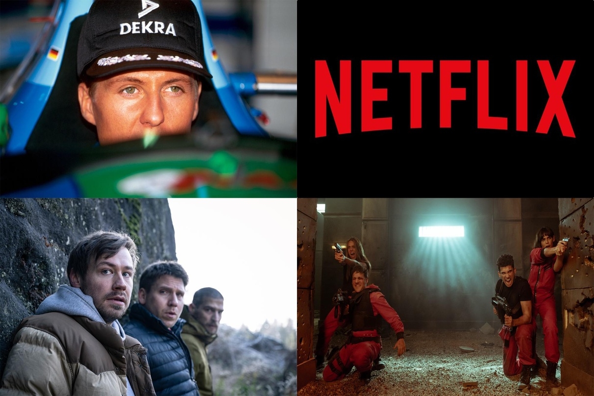 Netflix-Erfolge: "Schumacher" (l.o.), "Prey" (l.u.) und "Haus des Geldes" (r.u.)