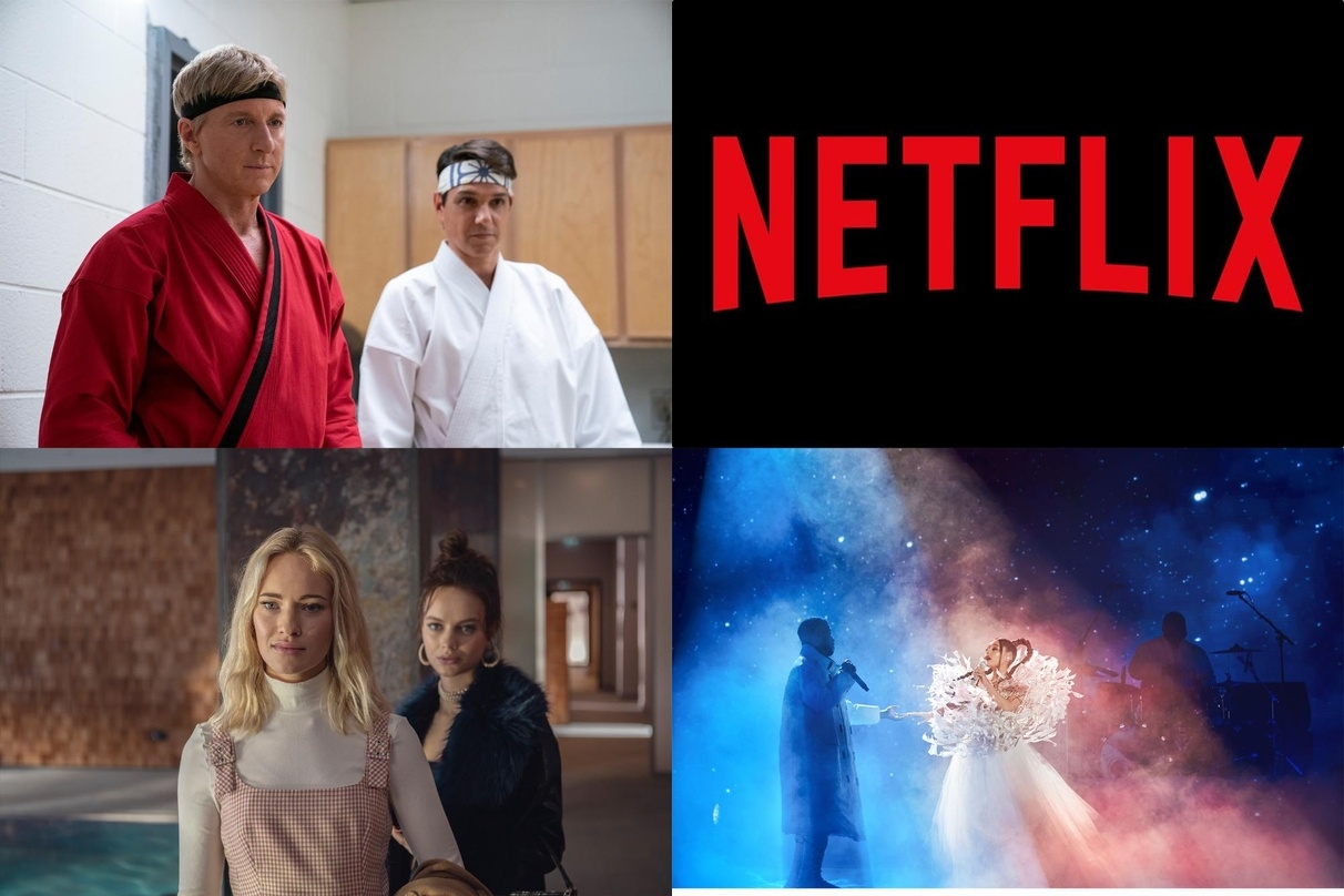 Netflix-Erfolgsformate: "Cobra Kai" (l.o.), "Kitz" (l.u.) und "Don't Look Up" (r.u.)