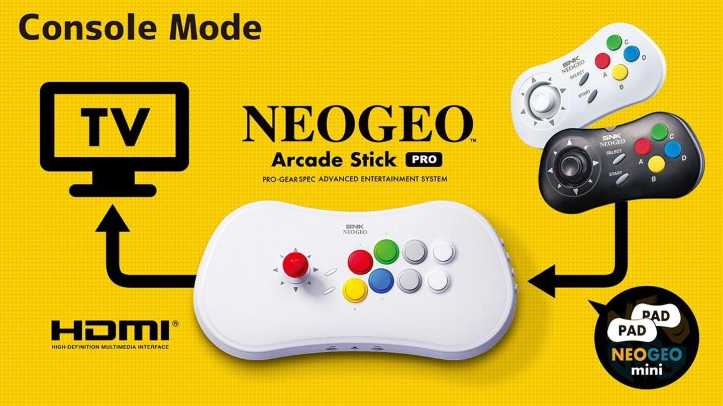 Zwei in Eins: der NeoGeo Arcade Stick Pro kann als Konsole an den Fernseher angeschlossen werden oder dient als Controller für PC oder NeoGeo Mini.