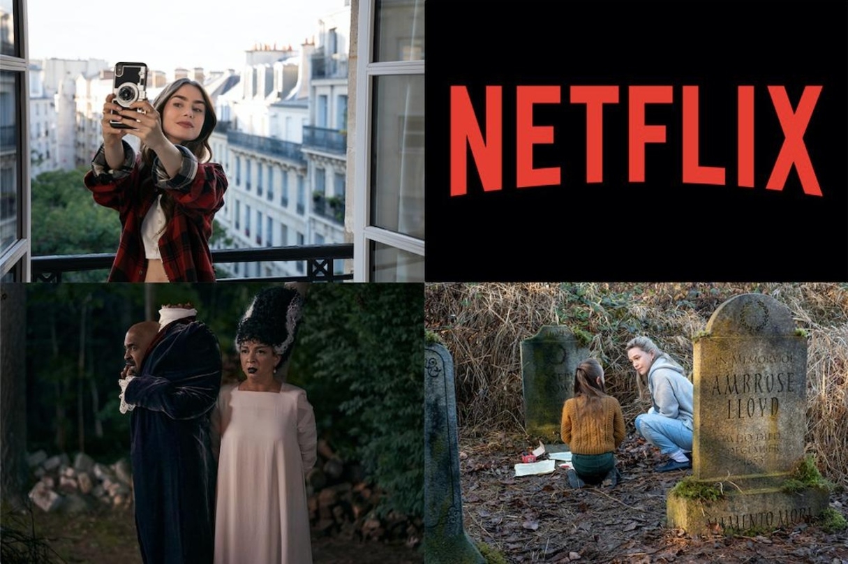 Netflix-Erfolge: "Emily in Paris" (l.o.), "Hubie Halloween" (l.u.) und "Spuk in Bly Manor" (r.u.) 
