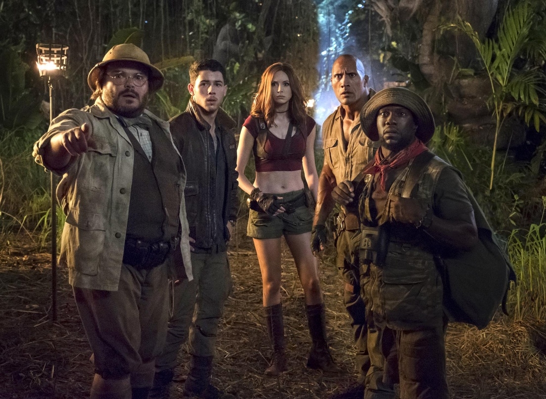 Jack Black, Nick Jonas, Karen Gillan, Dwayne Johnson und Kevin Hart (v.l.n.r.) in "Jumanji: Willkommen im Dschungel"