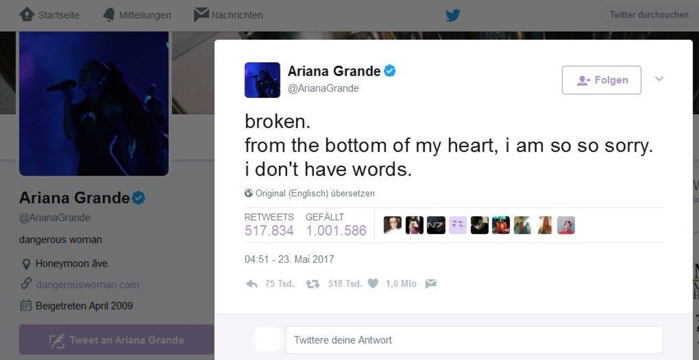 Statement der Trauer: Ariana Grandes Twitterbotschaft