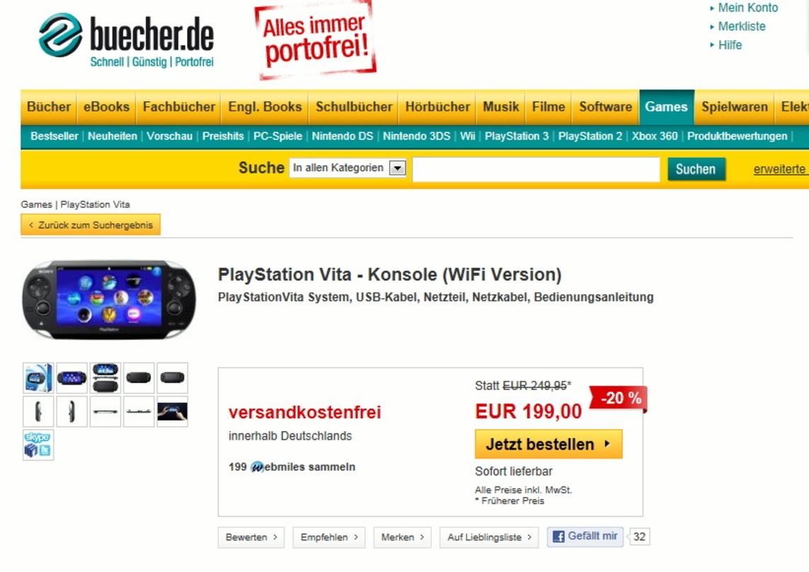 Das war es mit der Preisstabilität: Buecher.de will für die Wifi-Vita nur 199 Euro