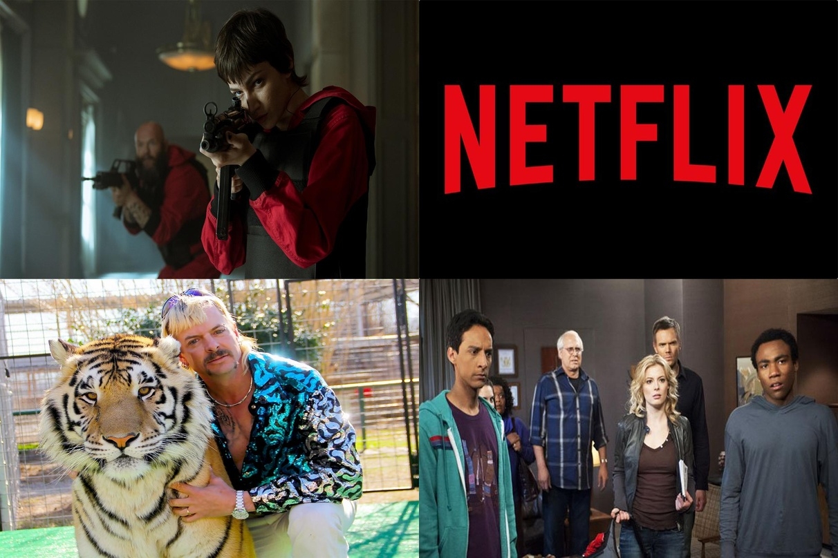 Die aktuellen Netflix-Hits: "Haus des Geldes" (l.o.), "Großkatzen und ihre Raubtiere" (l.u.) und "Community" (r.u.)