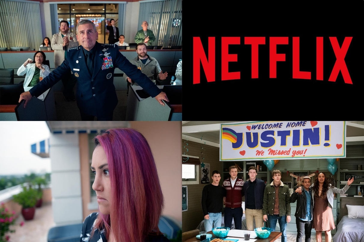 Netflix-Erfolge: "Space Force" (l.o.), "Jeffrey Epstein: Stinkreich" (l.u.) und "Tote Mädchen lügen nicht" (l.u.)