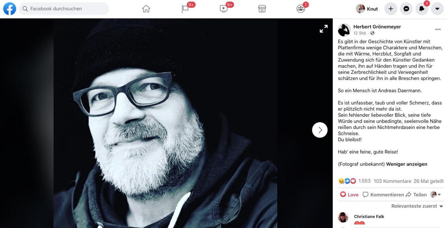 "Du bleibst!": Herbert Grönemeyer einnert auf seinen Facebook-Seiten an en verstorbenen Andreas Daermann