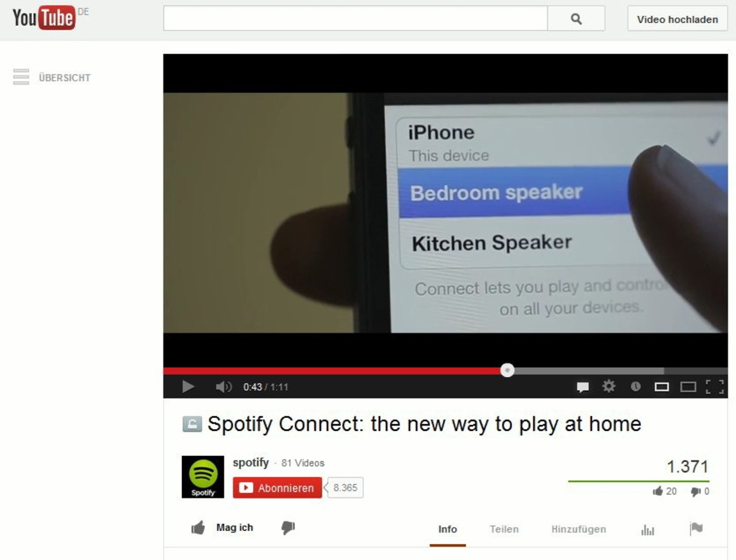 Soll den Wechsel vom Kopfhörer zum Beispiel auf verschiedene Anlagen im vernetzten Haus ermöglichen: Spotify präsentiert Spotify Connect auf der IFA und im YouTube-Promoclip