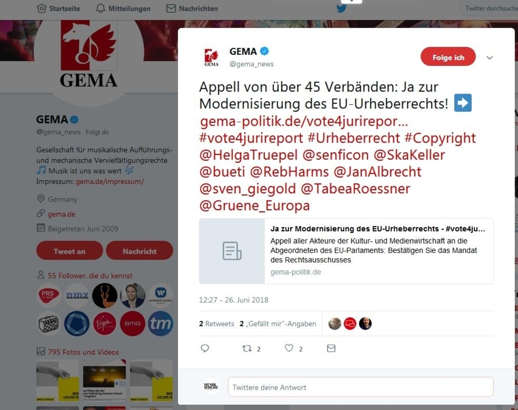 Spricht Politiker auf einer Spannbreite von Helga Trüpel bis Julia Reda gezielt an: ein Tweet der GEMA mit dem Hashtag vote4jurireport