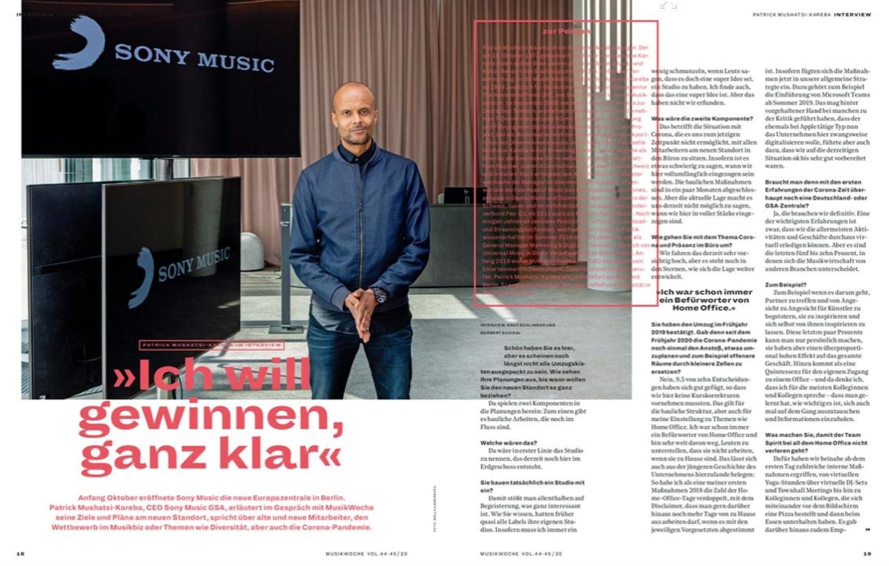 Angekommen in Berlin: Patrick Mushatsi-Kareba am neuen Standort von Sony Music an der Bülowstraße