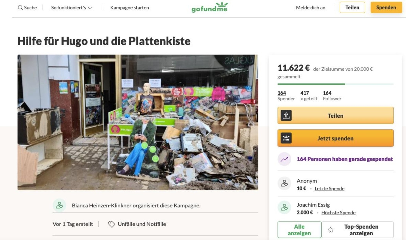 "Hilfe für Hugo und die Plattenkiste": auf der Plattform GoFundMe läuft eine Spendenkampagne für den Fachhändler Hugo Heinzen und dessen vom Hochwasser zerstörte Plattenkiste in Bad Neuenahr