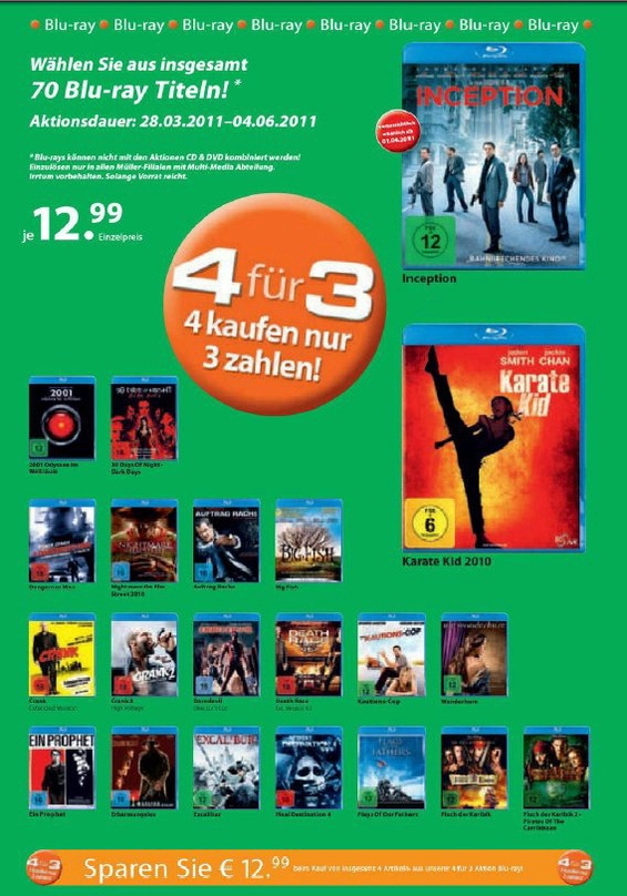 Müller hat seine "4 für 3"-Aktion mit neuen Blu-rays und DVDs bestückt