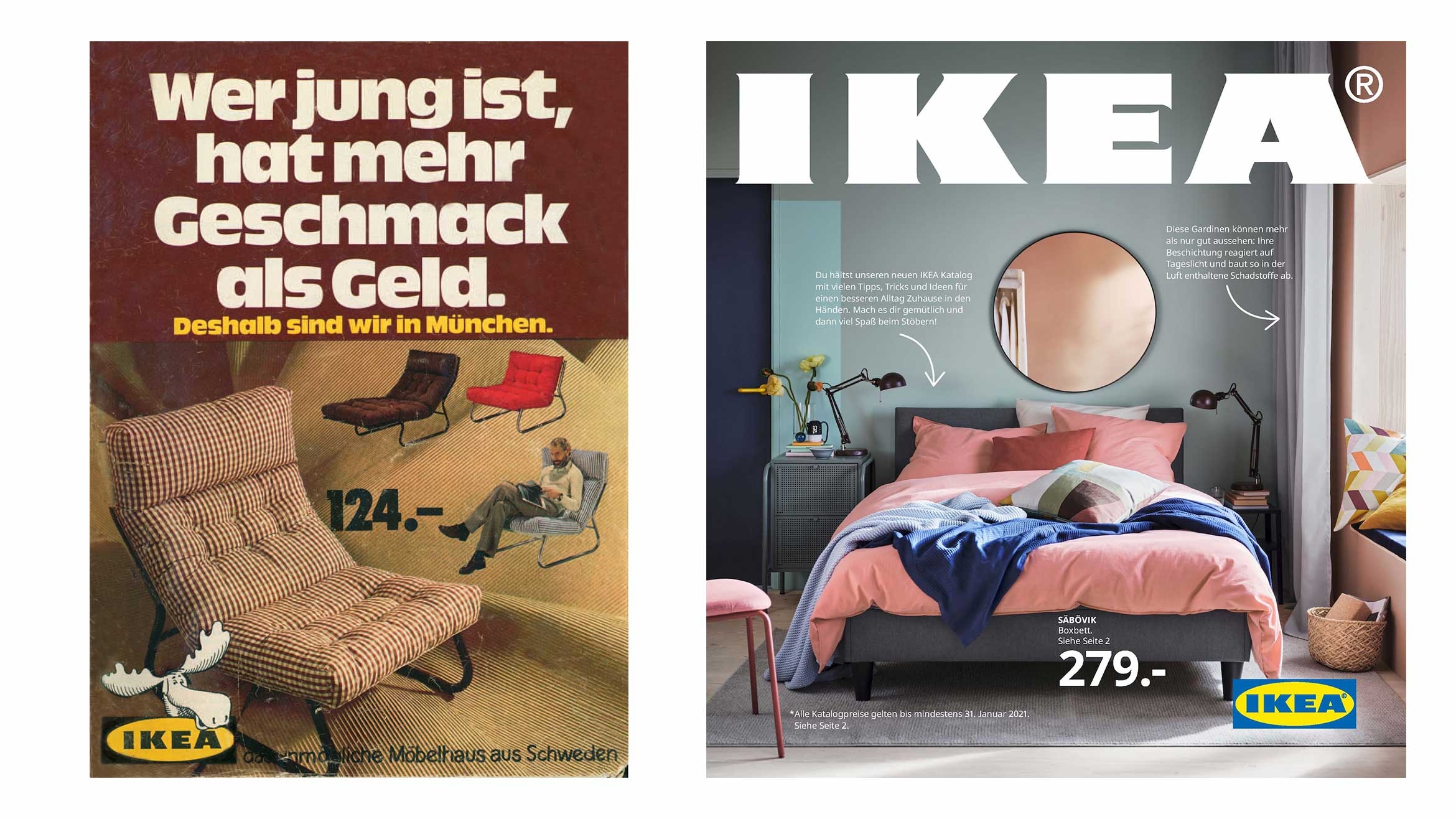 Links: der erste in Deutschland verteilte Katalog, rechts: der aktuelle –