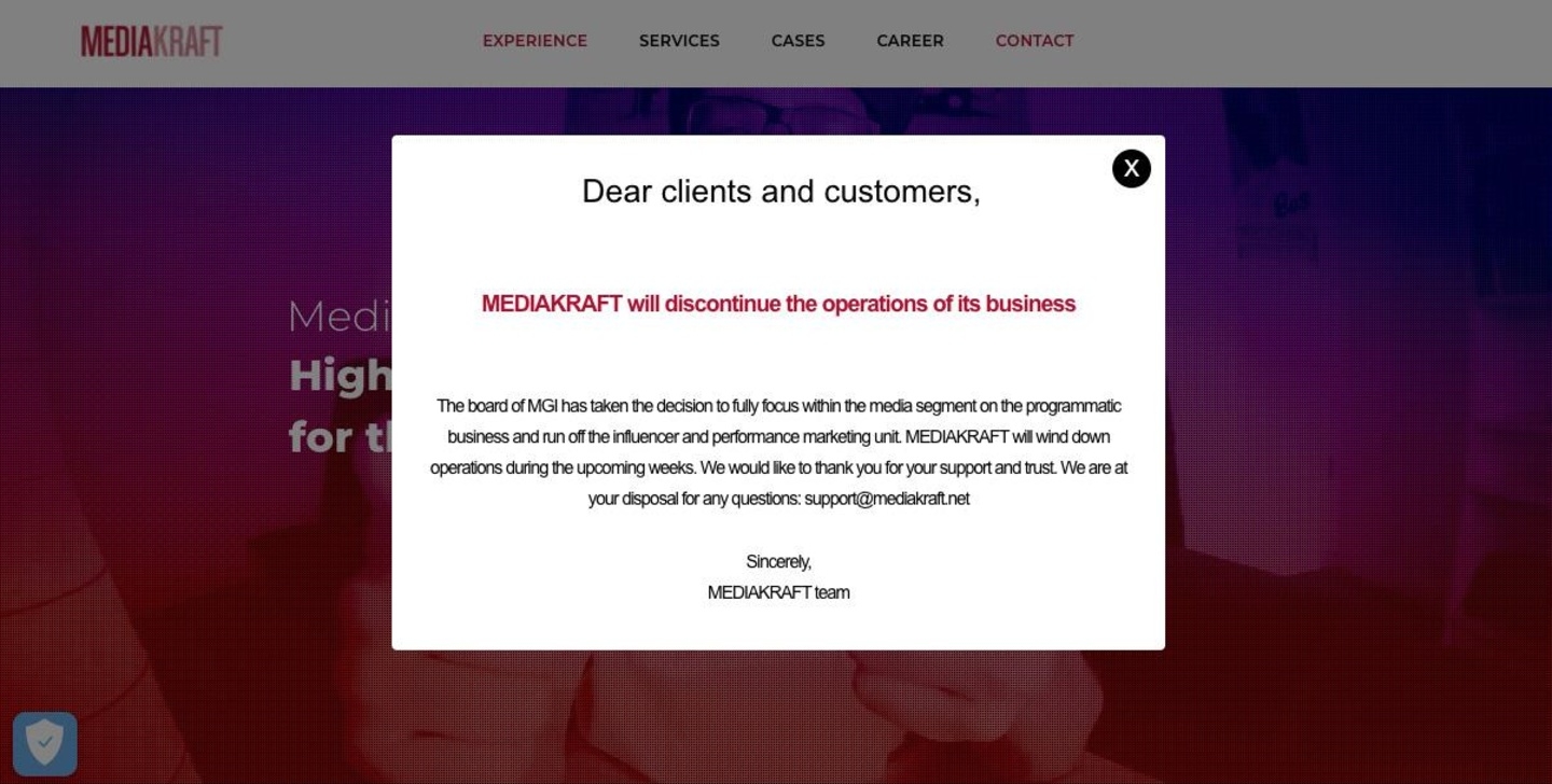 Auf der Homepage teilt Mediakaft das Ende der operativen Geschäftstätigkeit mit
