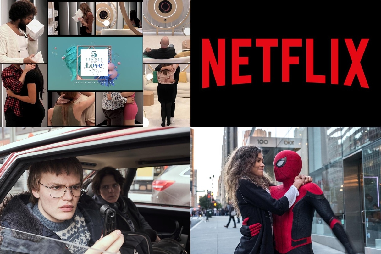 Erfolge auf Netflix: "5 Senses for Love" (l.o.), "Ragnarök" (l.u.) und "Spider-Man: Far from Home" (r.u.)