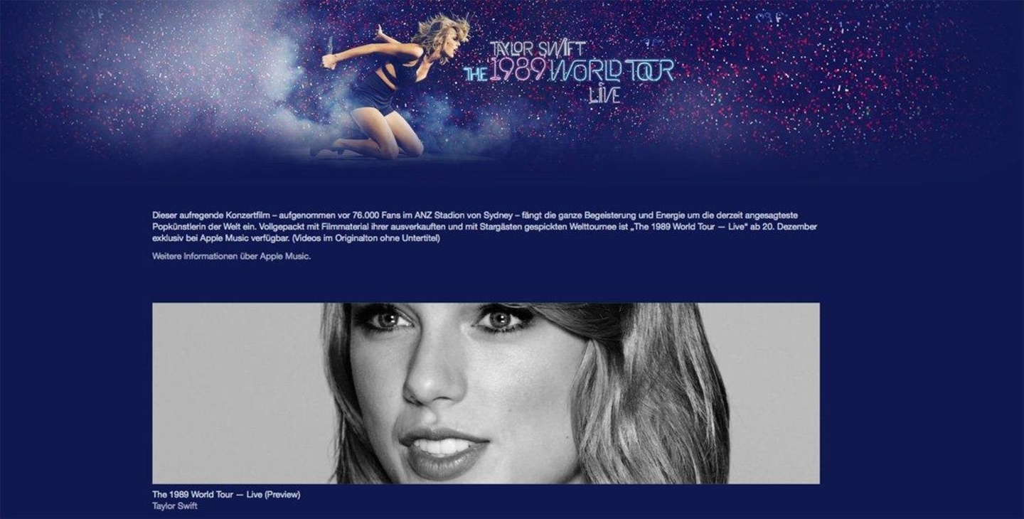 Exklusivdeal: Ab dem 20. Dezember erhalten Nutzer von Apple Music Zugriff auf den Mitschnitt eines Konzerts von Taylor Swift unter dem Motto "1989 World Tour Live"